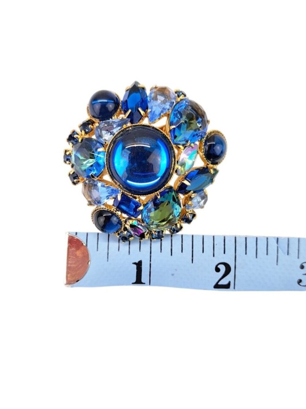 Vintage Blue Rhinestone Round Brooch Pin Dome Cabochon Navette Cluster Statement - Picture 11 of 11